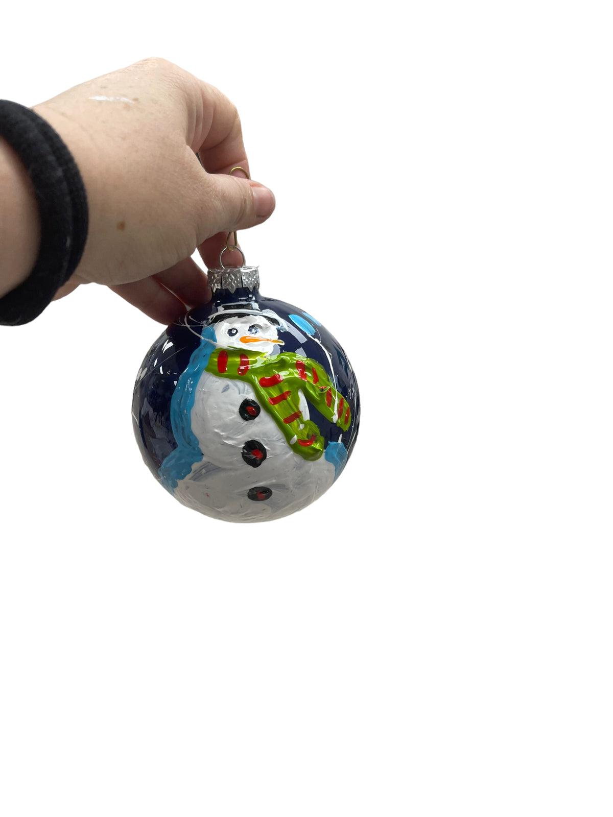 Hand-painted snowman glass Christmas ornament E, 4.5 inch, by Tracee Gentry Matthews