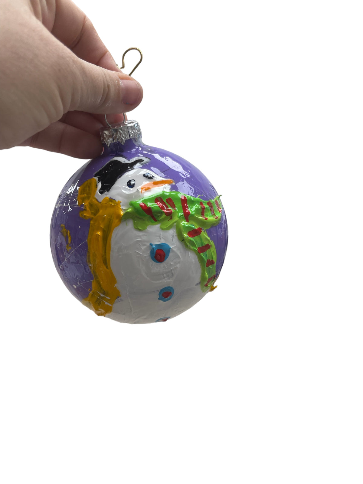 Hand-painted snowman glass Christmas ornament F, 4.5 inch, by Tracee Gentry Matthews