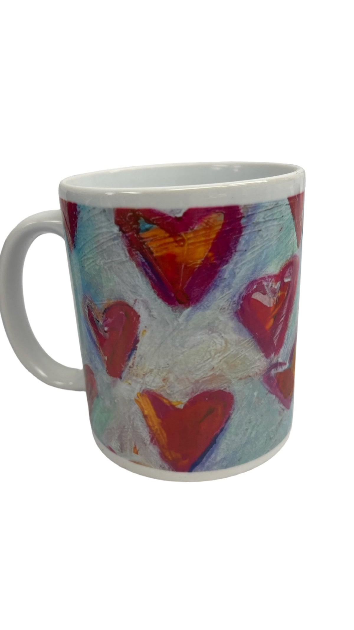 Colorful hearts coffee mug with art by Tracee Gentry Matthews