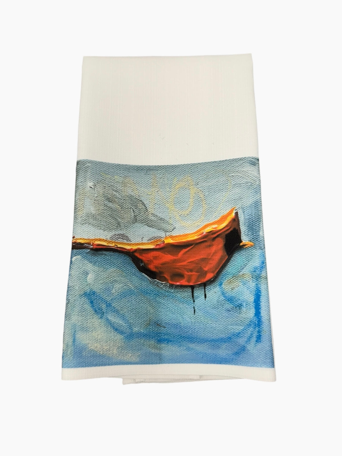 Red bird on blue tea towel by Tracee Gentry Matthews