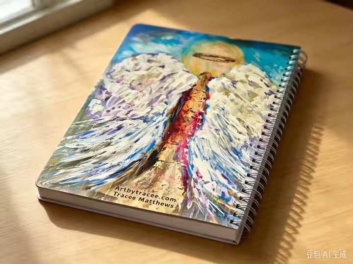 Angel art notebook by Tracee Gentry Matthews, spiral notebook on a table