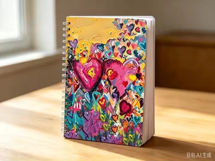 Hearts art notebook by Tracee Gentry Matthews, spiral notebook on a table