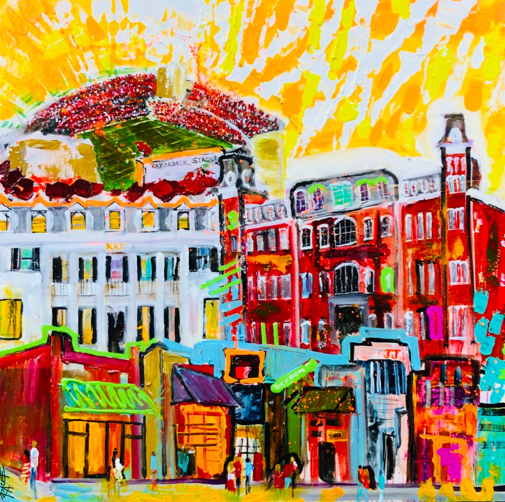 University of Arkansas with favorite landmarks, painting by Tracee Gentry Matthews, sold
