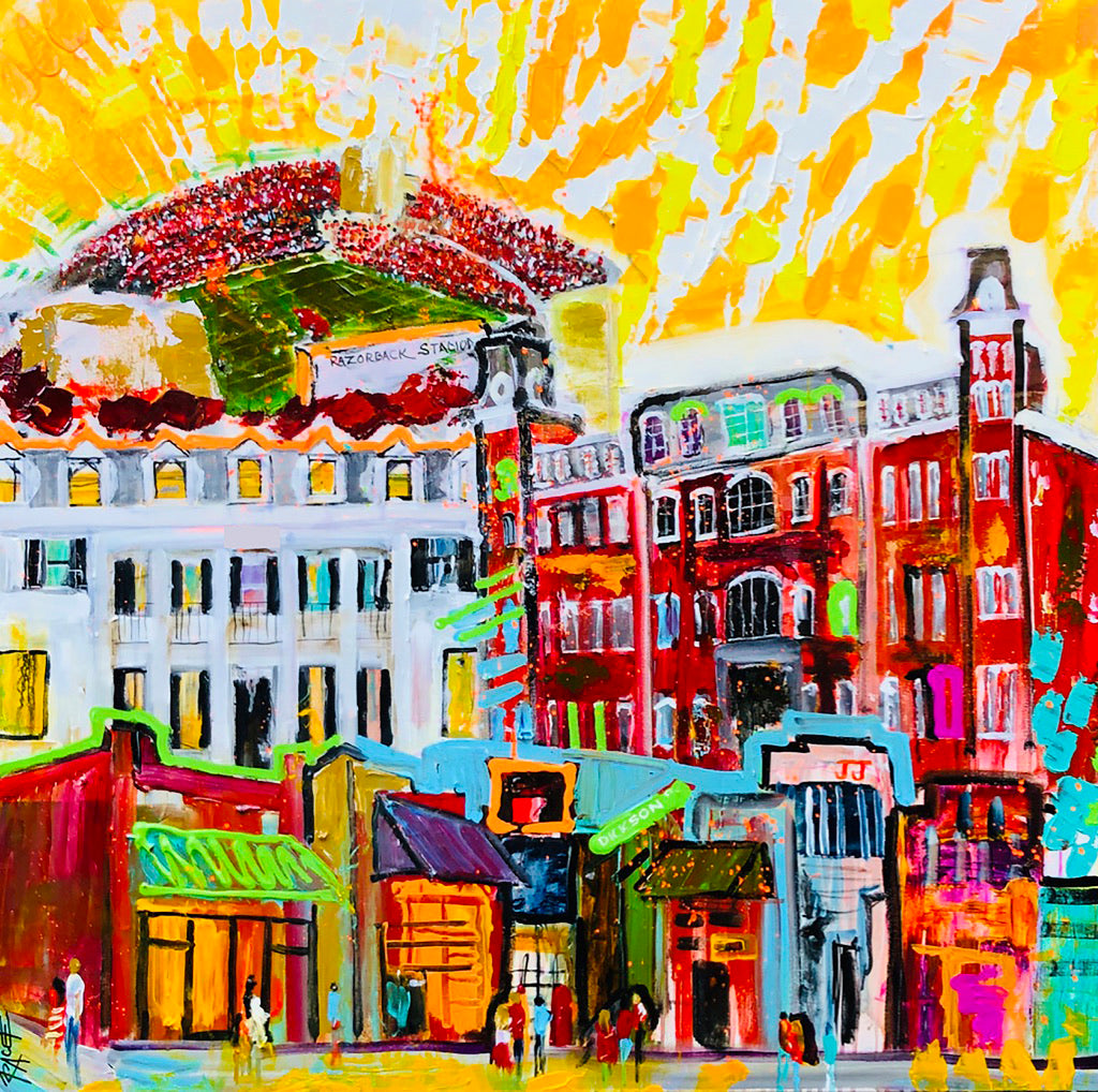 University of Arkansas with favorite landmarks, painting by Tracee Gentry Matthews, sold