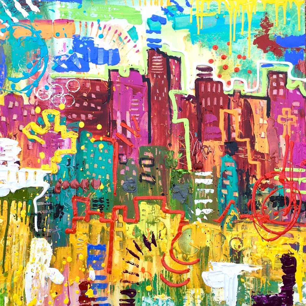 Abstract cityscape commission painting by Tracee Gentry Matthews, sold