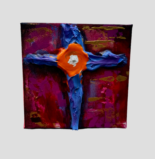 Purple cross with orange center, 6x6 inch small original painting by Tracee Gentry Matthews