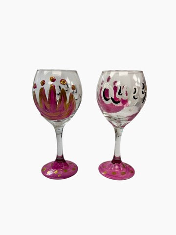 Hand-painted crown queen wine glass by Tracee Gentry Matthews