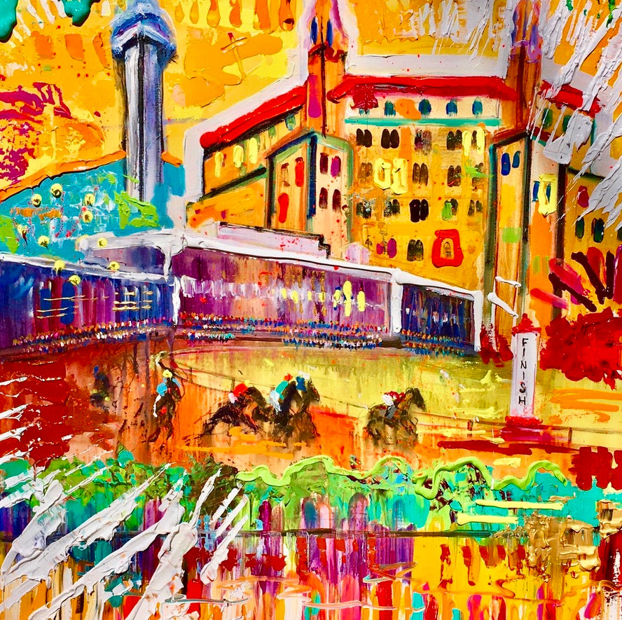 Hot Springs with horses racing at Oaklawn, 8x10 inch matted canvas print by Tracee Gentry Matthews