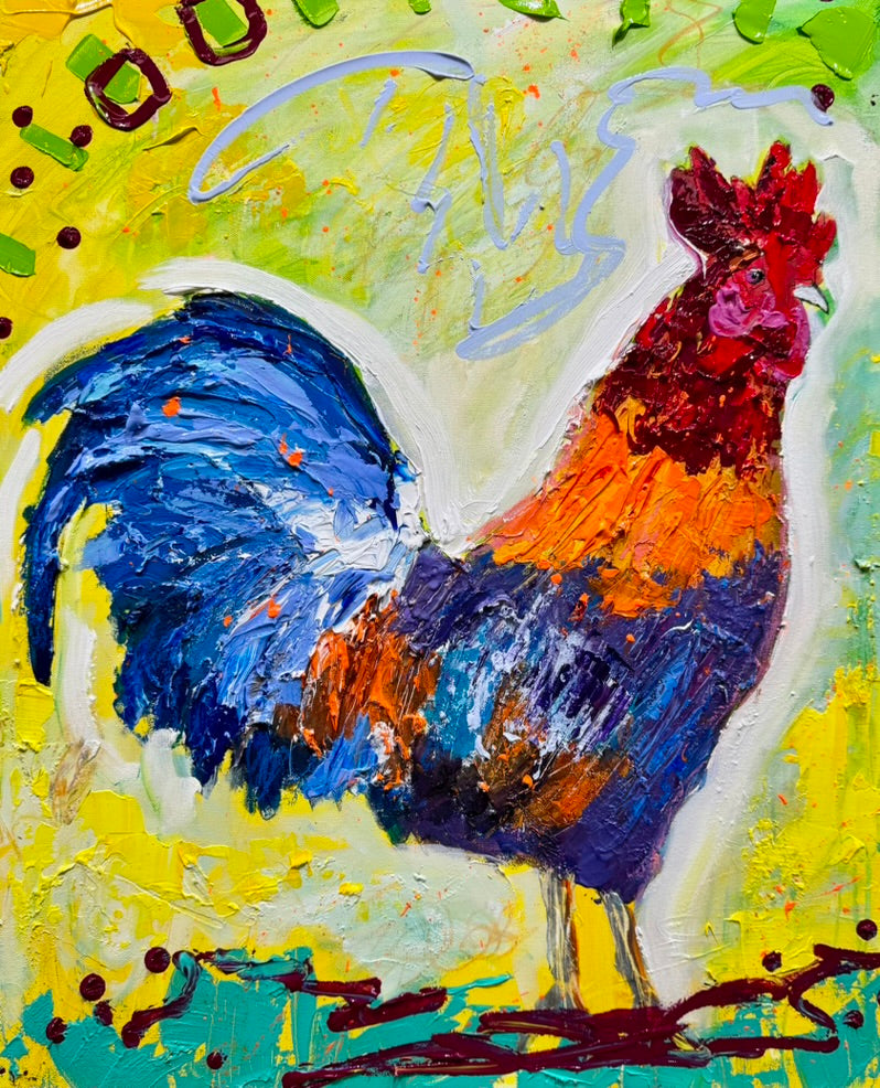 Colorful rooster, 8x10 inch matted canvas print by Tracee Gentry Matthews
