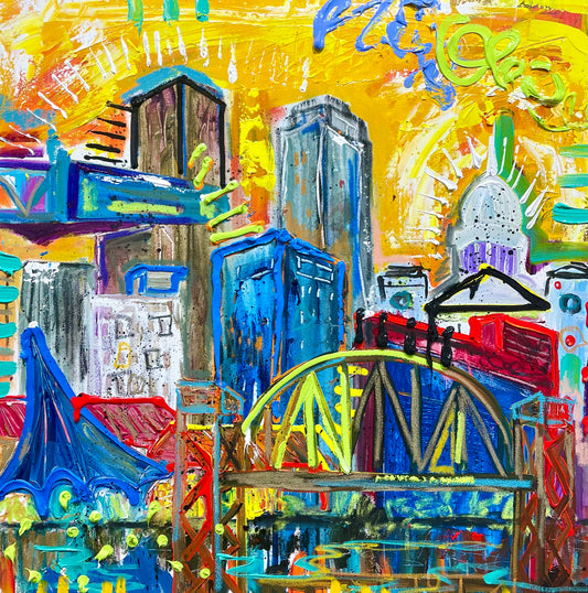 Hometown, 36x36 inch original cityscape painting by Tracee Gentry Matthews