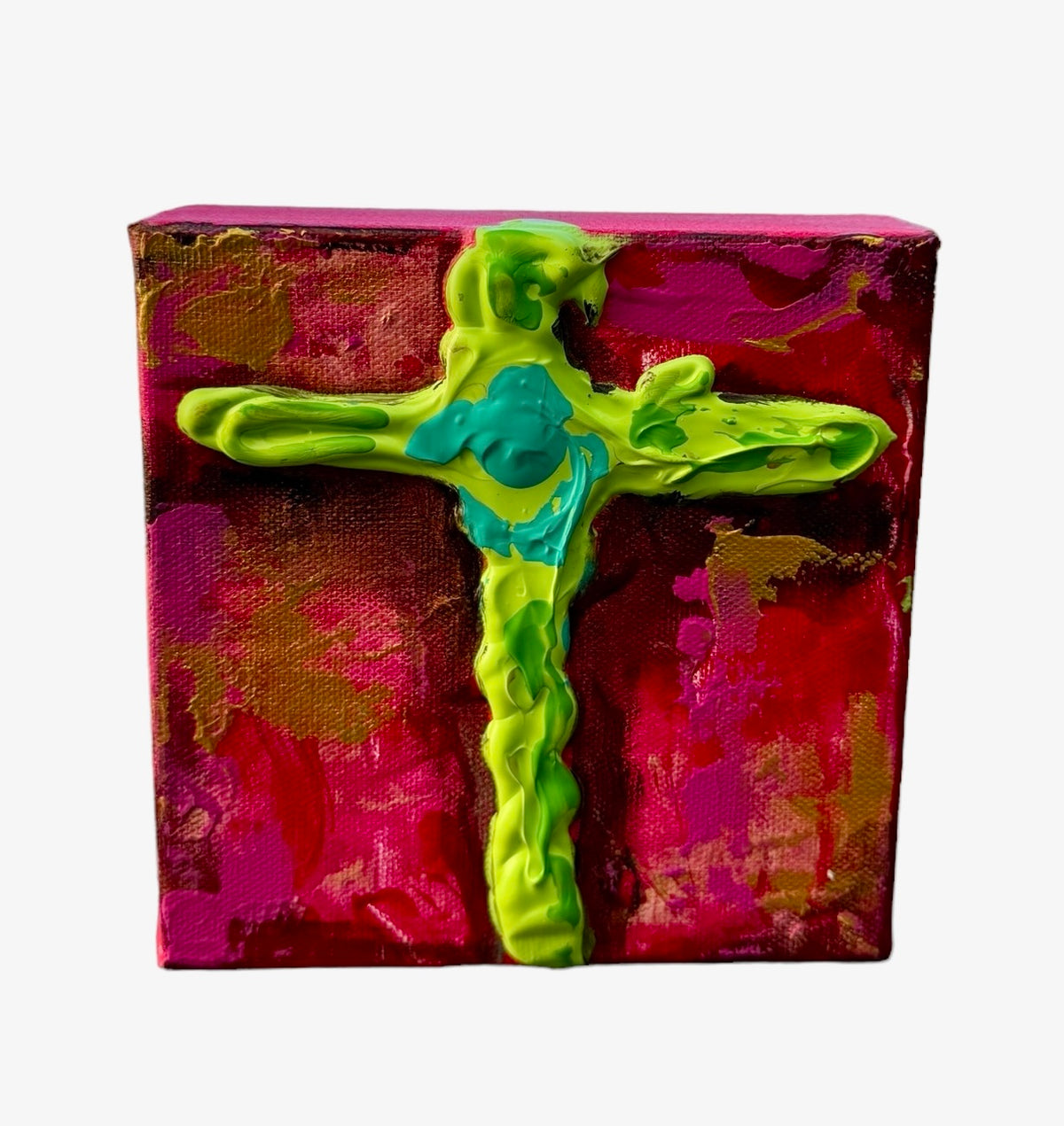 Green cross on red, 6x6 inch small original painting by Tracee Gentry Matthews