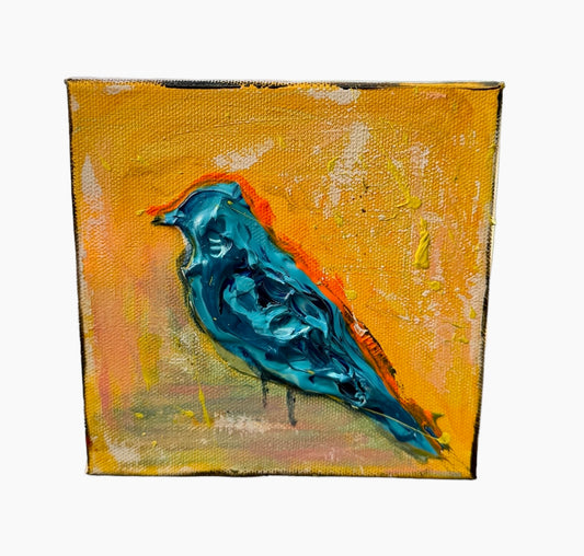Bluebird with orange highlight, 6x6 inch small original painting by Tracee Gentry Matthews