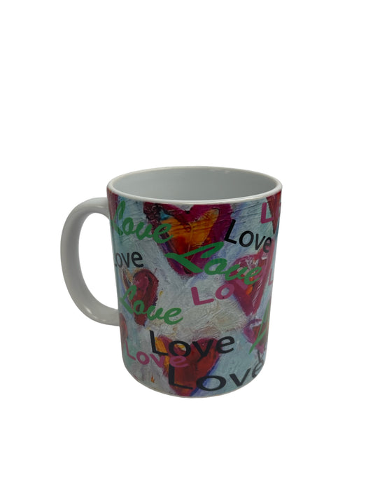 Colorful LOVE hearts coffee mug with art by Tracee Gentry Matthews