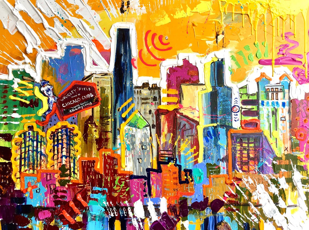 Chicago with the Cubs winning the World Series, 8x10 inch matted canvas print by Tracee Gentry Matthews