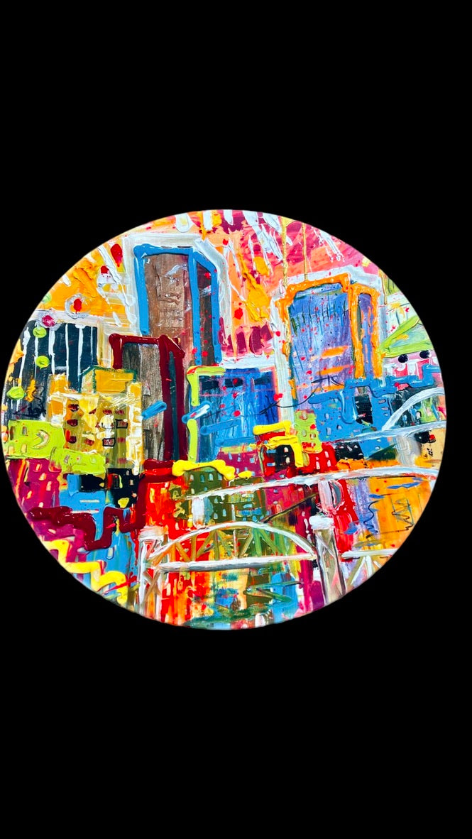 Colorful City decorative glass bowl, 15.25 inch, with art by Tracee Gentry Matthews