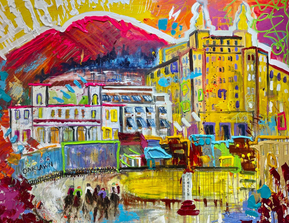 Hot Springs, Arkansas with horses racing at Oaklawn, painting by Tracee Gentry Matthews, sold