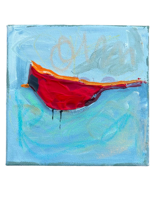 Cardinal with dark blue background, 6x6 inch small original painting by Tracee Gentry Matthews