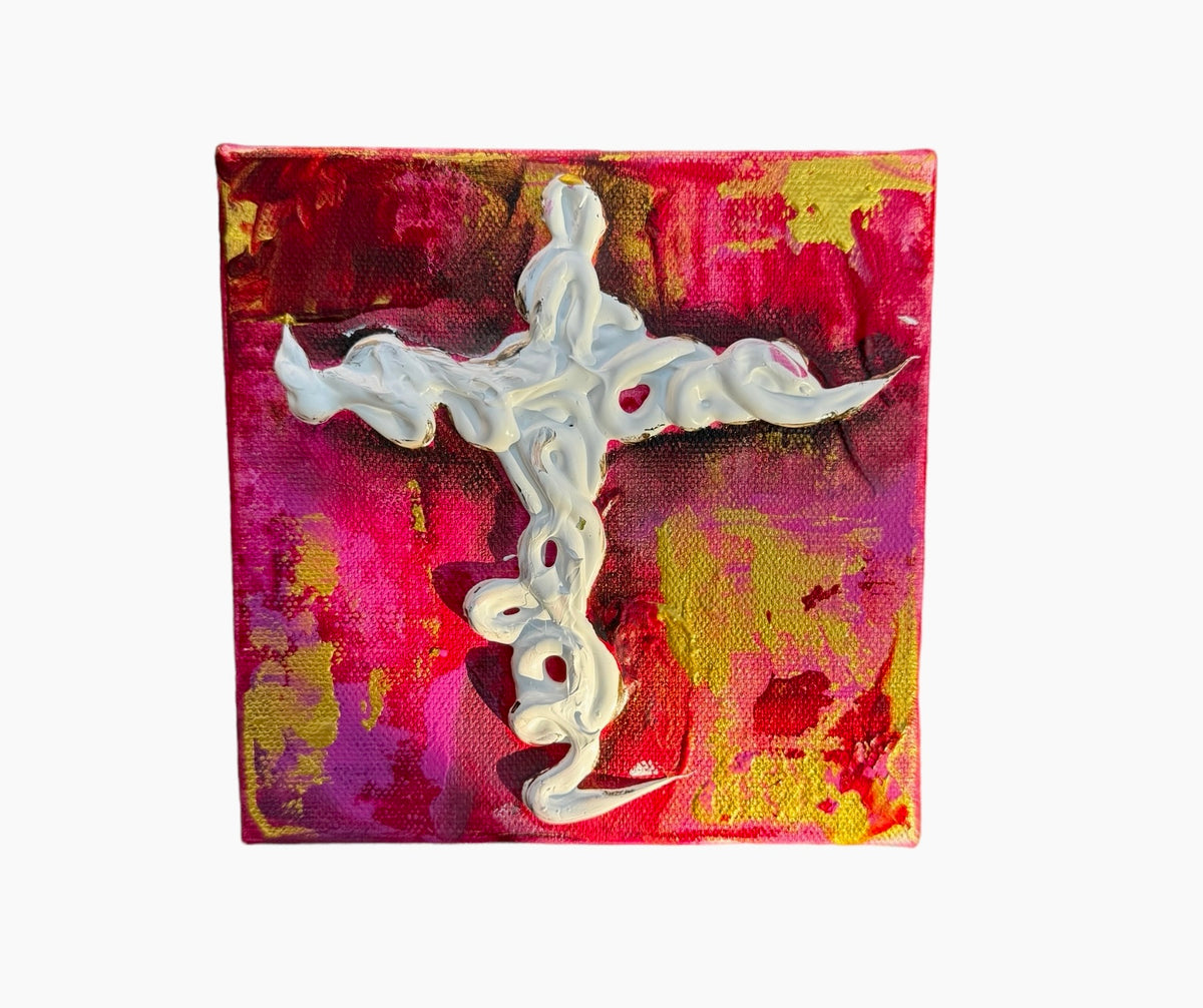 Heavily textured white cross, 6x6 inch small original painting by Tracee Gentry Matthews