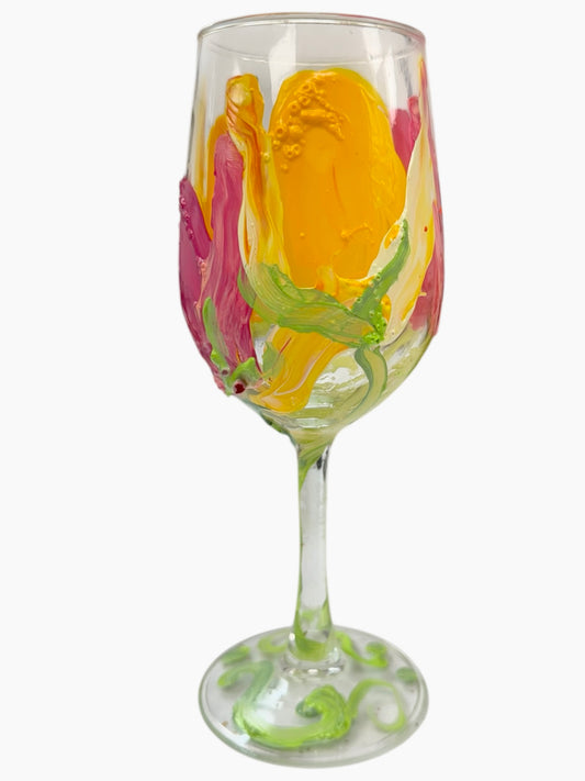Hand-painted tulip wine glass by Tracee Gentry Matthews