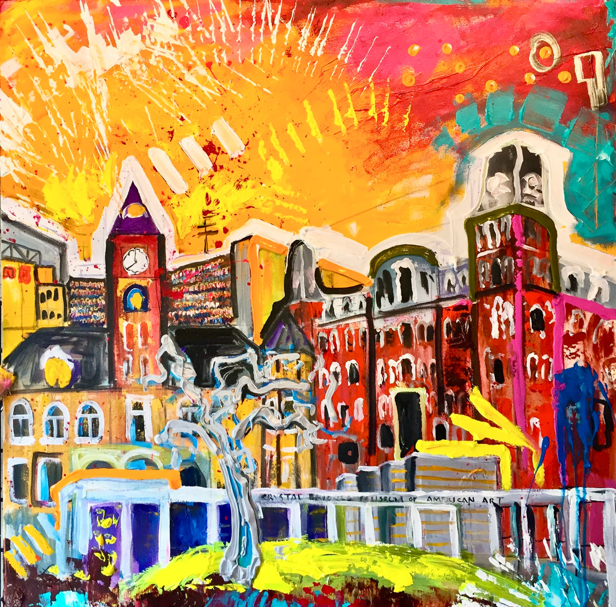 University of Arkansas, Crystal Bridges and Old Main, 8x10 inch matted canvas print by Tracee Gentry Matthews