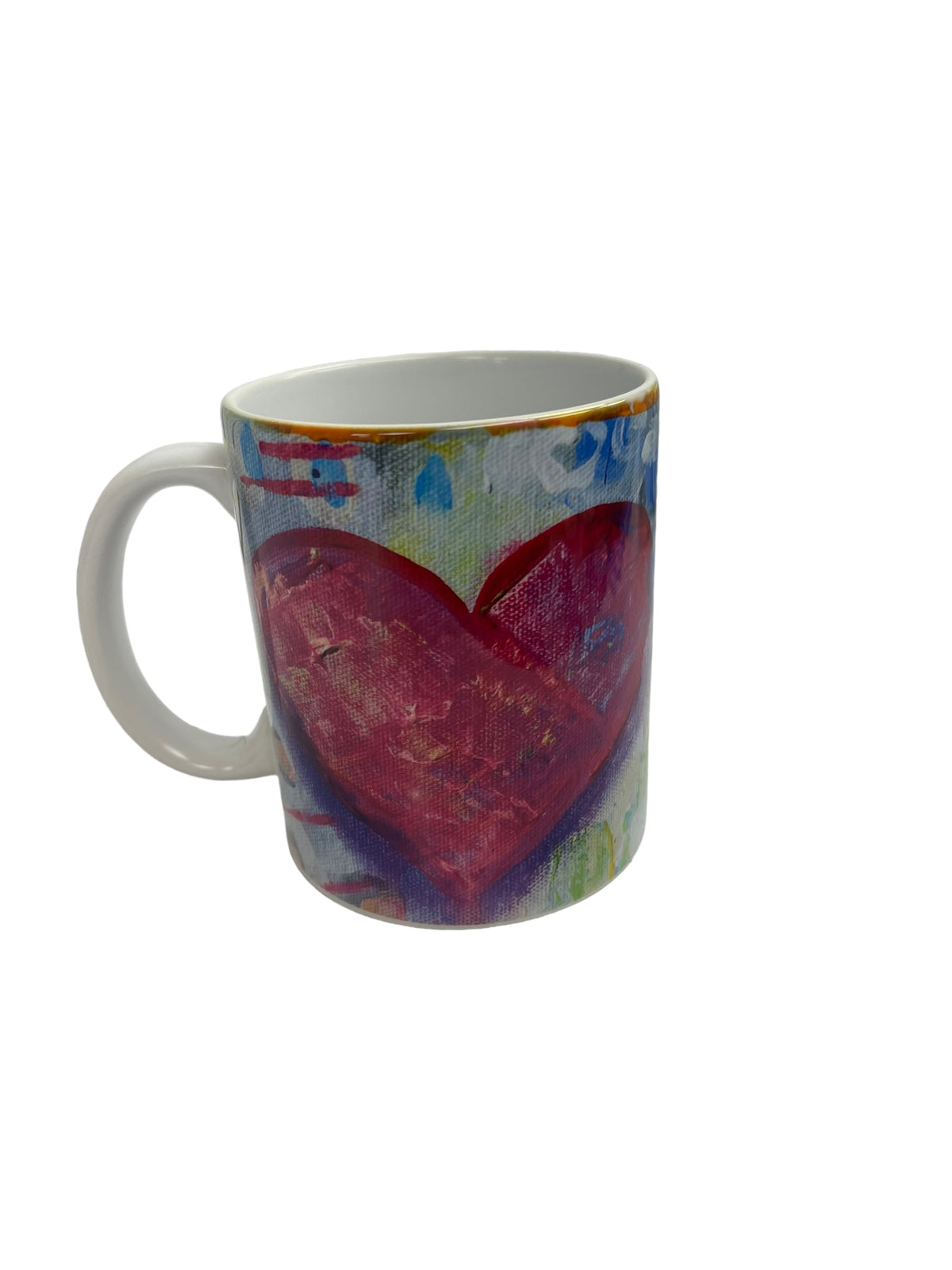 Pink and green heart coffee mug with art by Tracee Gentry Matthews