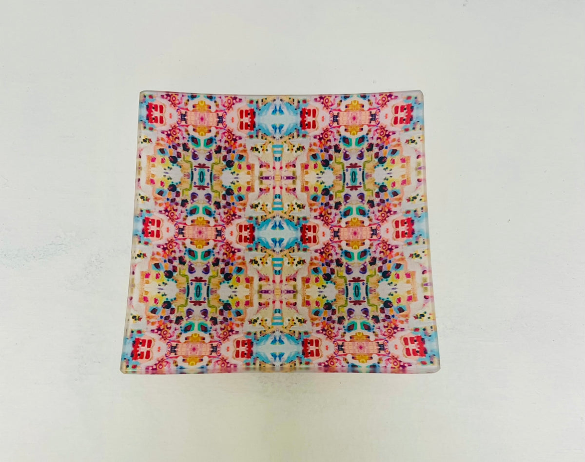 Glass serving tray in pink, blue, gold, white and red by Tracee Gentry Matthews