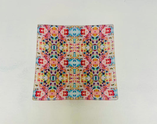 Glass serving tray in pink, blue, gold, white and red by Tracee Gentry Matthews