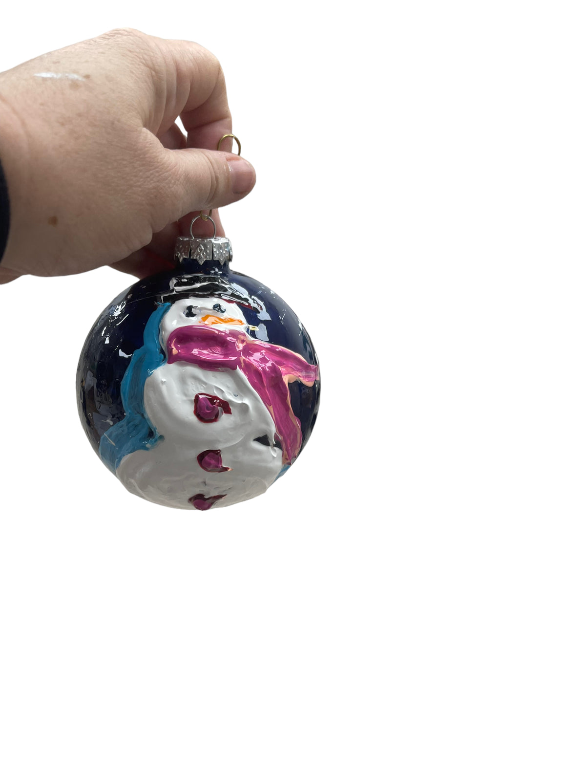 Hand-painted snowman glass Christmas ornament D, 4.5 inch, by Tracee Gentry Matthews
