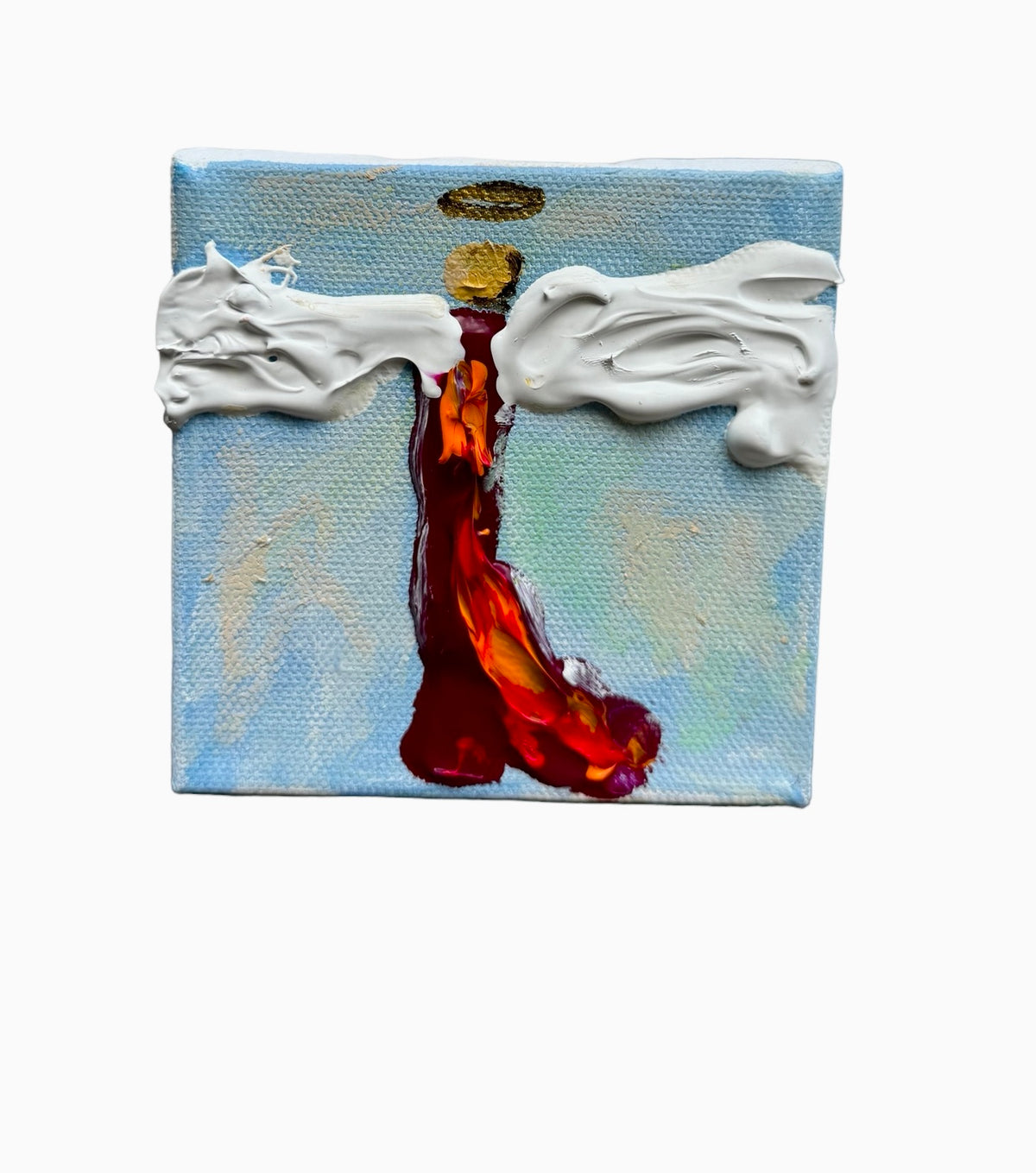 Angel with thick wings on light blue, 4x4 inch small original painting by Tracee Gentry Matthews
