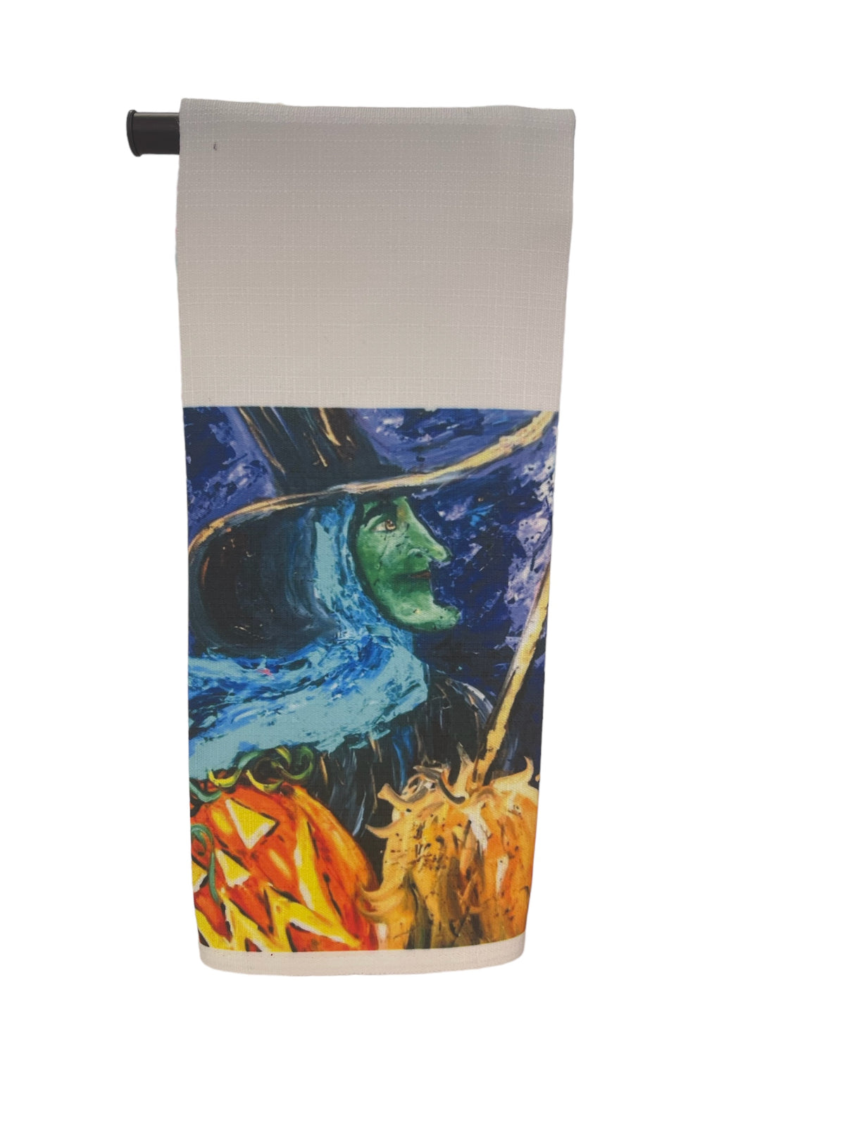 Halloween witch tea towel printed from an original painting by Tracee Gentry Matthews