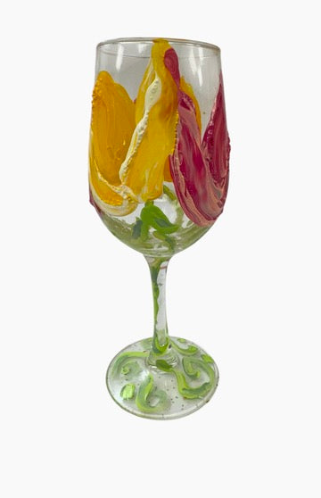 Hand-painted tulip wine glass by Tracee Gentry Matthews