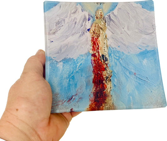 Glass serving tray with angel painting by Tracee Gentry Matthews