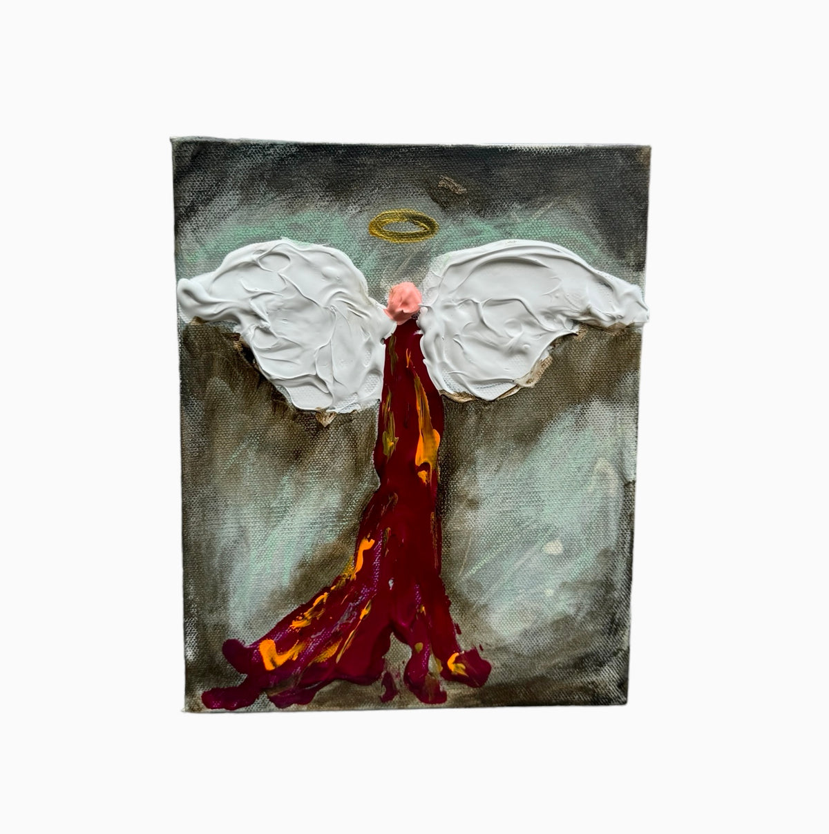 Angel on grey-green, 10x8 inch small original painting by Tracee Gentry Matthews