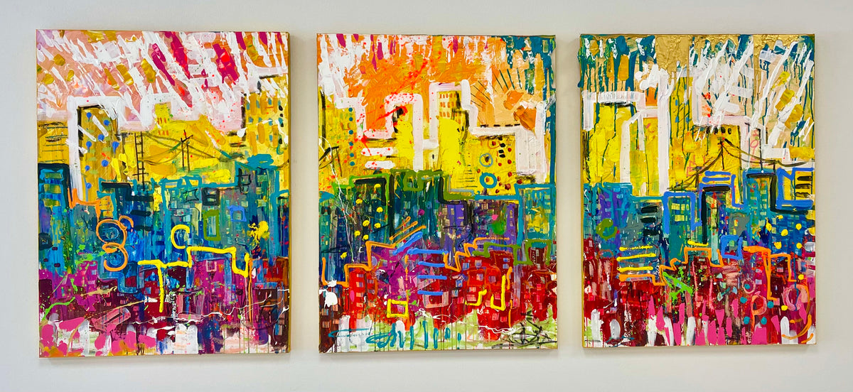 Excitement Within, triptych of three 40x30 inch original paintings by Tracee Gentry Matthews