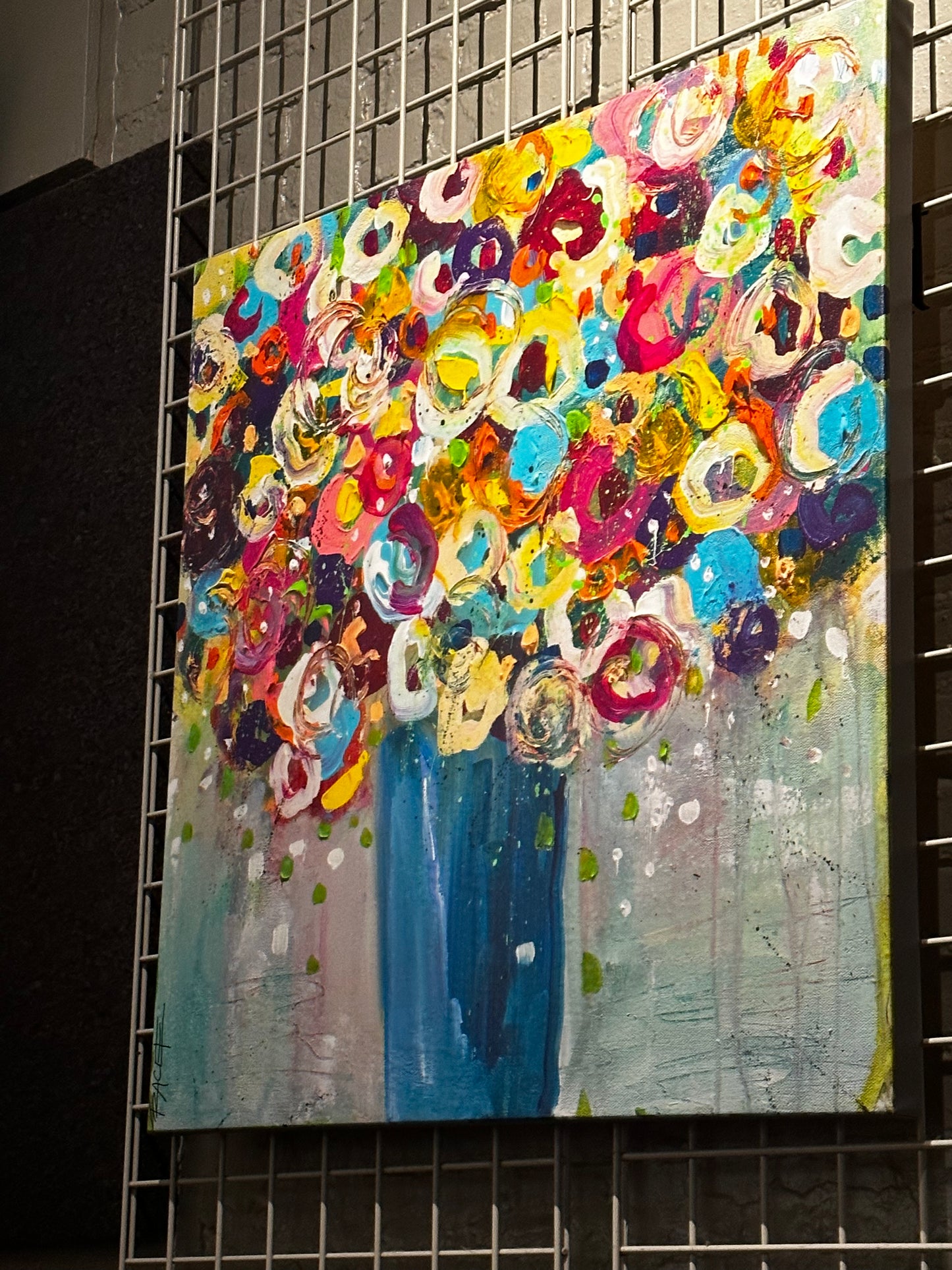 Floral in blue vase, stretched canvas print by Tracee Gentry Matthews