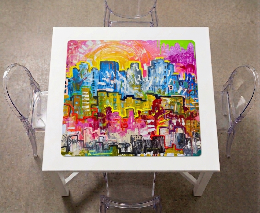 Cityscape mahjong mat printed from an original painting by Tracee Gentry Matthews
