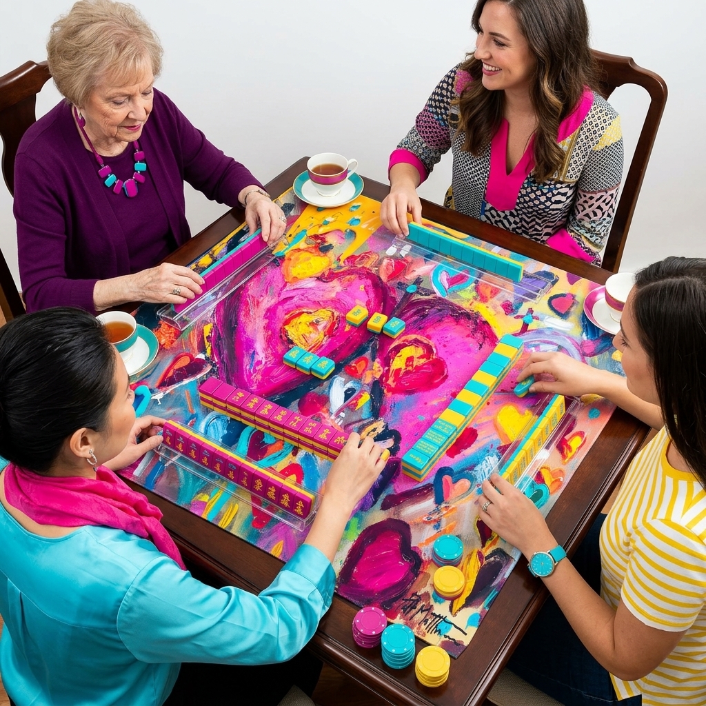 Mahjong mat with tiles by Tracee Gentry Matthews, in use