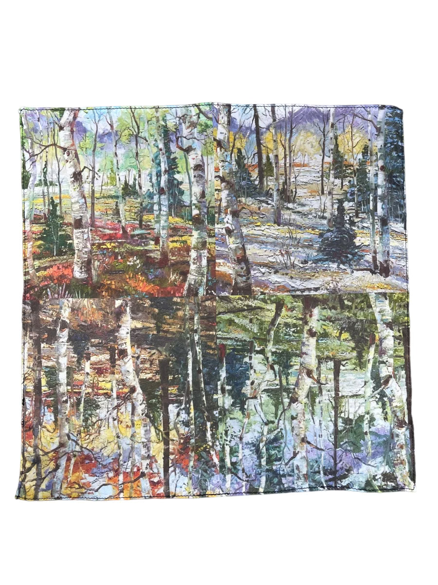 Aspen trees in four seasons pocket square with art by Tracee Gentry Matthews