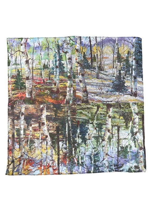 Aspen trees in four seasons pocket square with art by Tracee Gentry Matthews