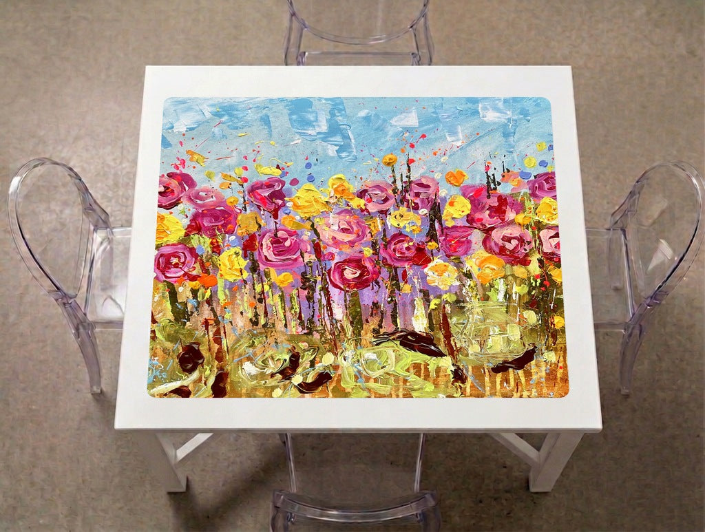 Wildflower Roses Mahjong Mat on a game table with acrylic chairs