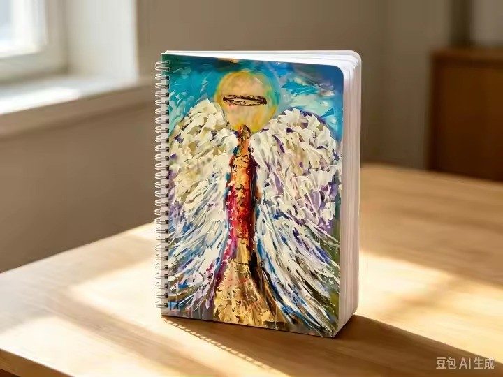 Angel art notebook by Tracee Gentry Matthews, spiral notebook on a table