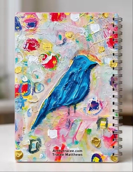 Bluebird art notebook by Tracee Gentry Matthews, spiral notebook on a table