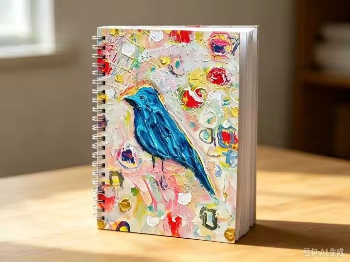 Bluebird art notebook by Tracee Gentry Matthews, spiral notebook on a table
