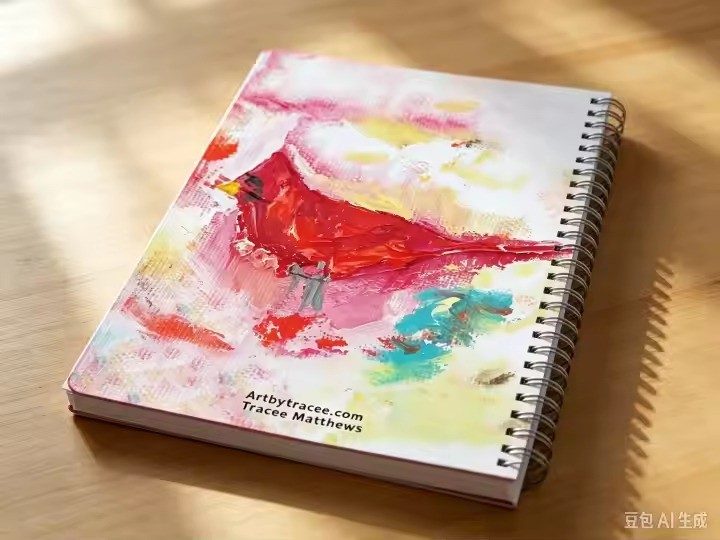 Cardinal art notebook by Tracee Gentry Matthews, spiral notebook on a table