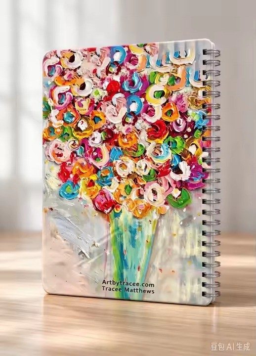 Flower Bouquet art notebook by Tracee Gentry Matthews, spiral notebook on a table