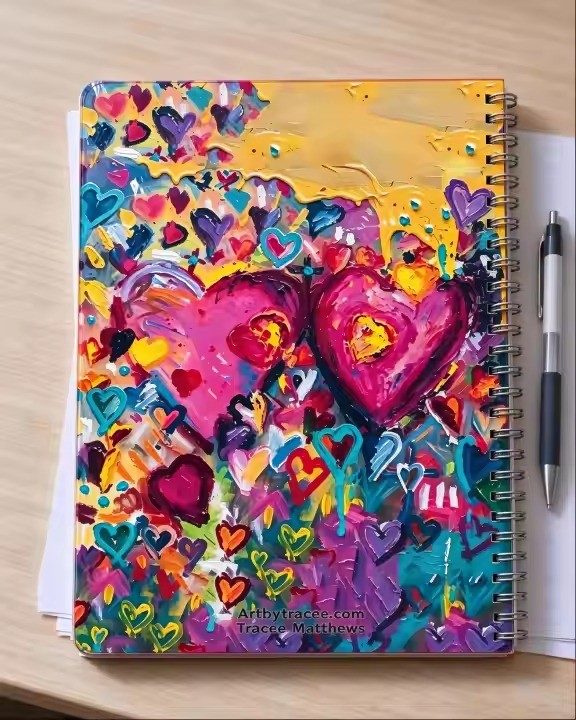 Hearts art notebook by Tracee Gentry Matthews, spiral notebook on a table