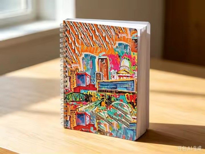 Little Rock Skyline art notebook by Tracee Gentry Matthews, spiral notebook on a table