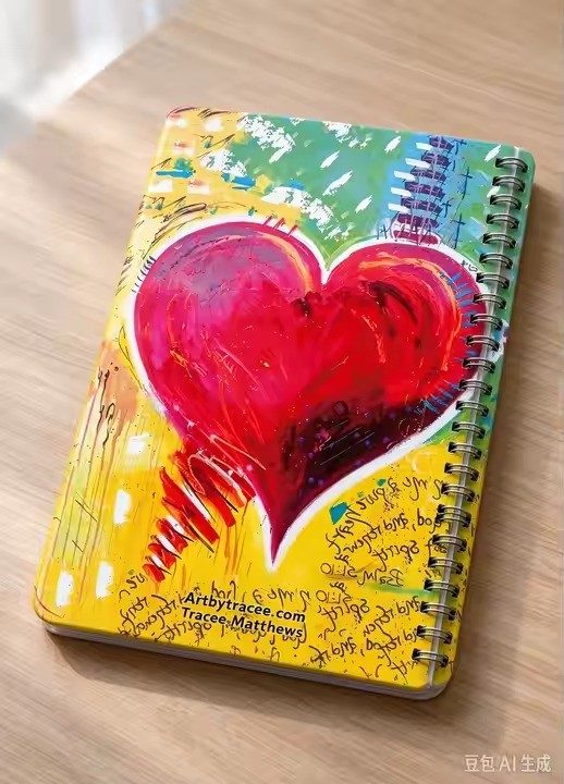 Heart art notebook by Tracee Gentry Matthews, spiral notebook on a table