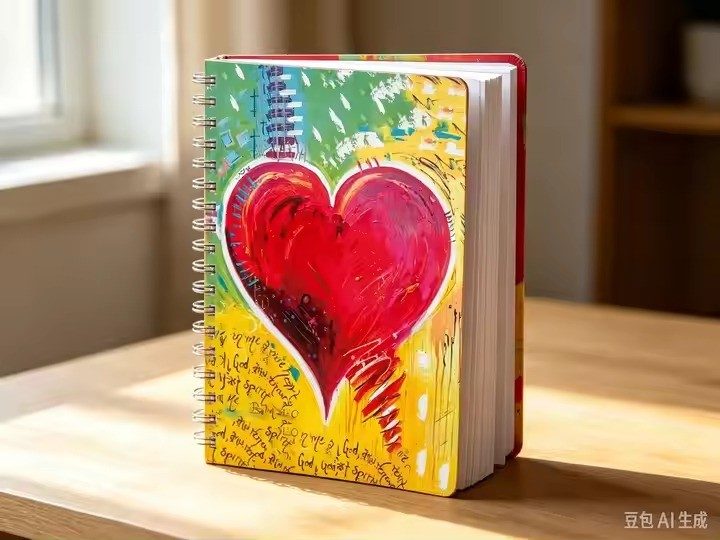 Heart art notebook by Tracee Gentry Matthews, spiral notebook on a table