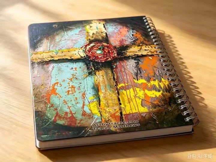 Rustic Cross art notebook by Tracee Gentry Matthews, spiral notebook on a table